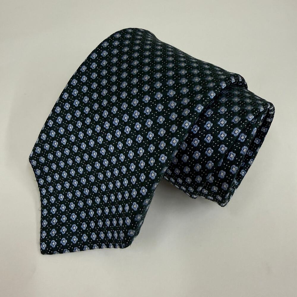 Hickey Freeman Silk Tie Green Blue Neat Floral Made in USA 3.25 in